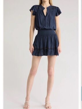 Ramy Brook Navy Ruffled Short Dress with Smocked Waist
